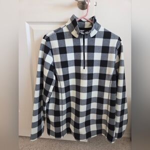Lands End Womens Black And White Plaid Fleece Quarter Zip Size Large